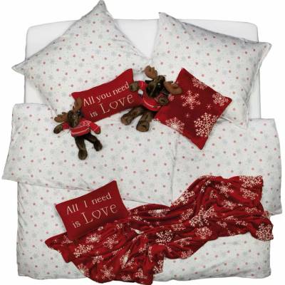 SCANquilt Obliečky flanel vločky biela červená sivá 140x220 70x90