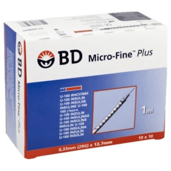 BECTON DICKINSON Inzulínové striekačky BD Micro Fine Plus Rozmer ihly: 1 ml U-100 29 G x 12,7 mm 100 ks