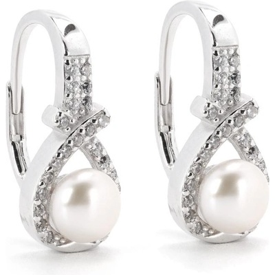 Rafity stříbrné náušnice s bílou perlou a zirkony E0082KL-0506