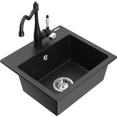 Mexen Milo мивка от гранит 1-камерна с кухненски смесител Carla, черно/златен металик - 6505-75-670700-70 (6505-75-670700-70)