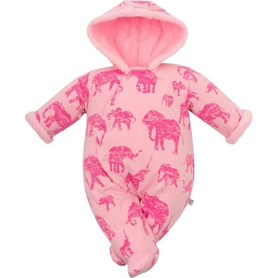 Baby Service Zateplená dojčenská kombinéza s kapucňou Slony ružová