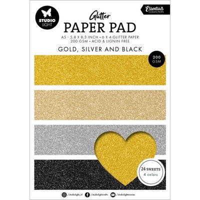 Blok třpytivých papírů Studio Light, A5, 24 l. - zlaté, stříbrné, černé