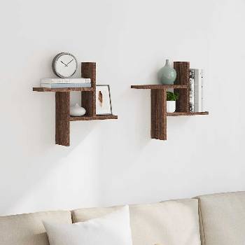 vidaXL Стенни рафтове, 2 бр, кафяв дъб, 38x12x38 см, инженерно дърво (853251)