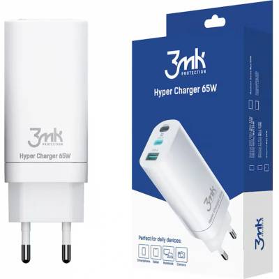 3mk Protection - Зарядно за стена Hyper - 2x Type-C, 1x USB-A, GaN технология, бързо зареждане, 65W - бяло