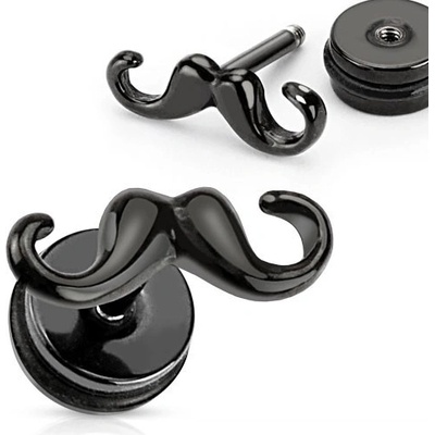 Šperky eshop fake piercing do ucha z oceli černý zakroucený knírek S5.11