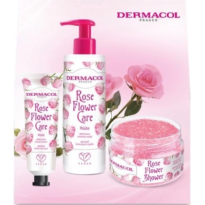 Dermacol Flower Care telový peeling ruža 200 g + krémové mydlo na ruky 250 ml + opojný krém na ruky Ruže 30 ml darčeková sada