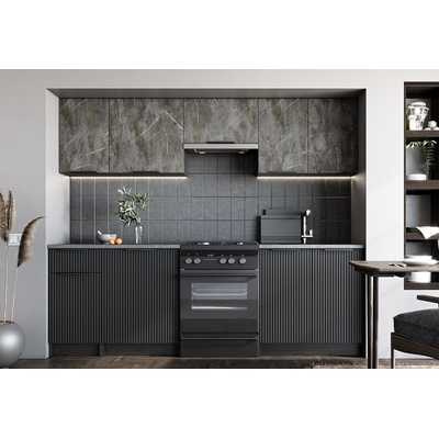 Halmar Блок кухня 2, 4 м tamara 240 корпус карбон / фронт мрамор и черен МДФ / плот сив