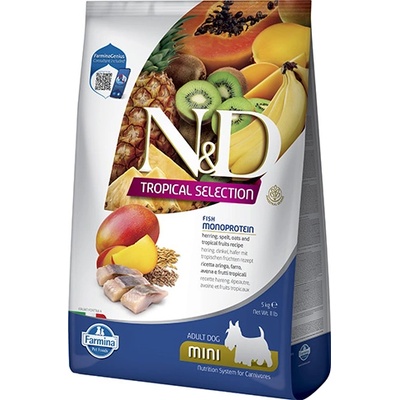 N&D Tropical Selection Dog Adult MINI Herring and Tropical fruits - суха храна за кучета над 1 година от дребни породи, с херинга, спелта, овес и тропически плодове - 5 кг Италия - PND0500081