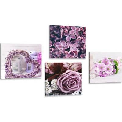 Set obrazů levandulové zátiší s květinami - 4x 40x40