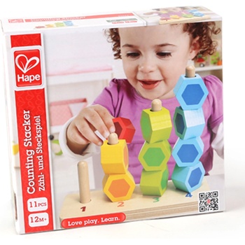 Hape Дървена играчка за нанизване Hape - Разноцветни форми, 11 части (H0504)