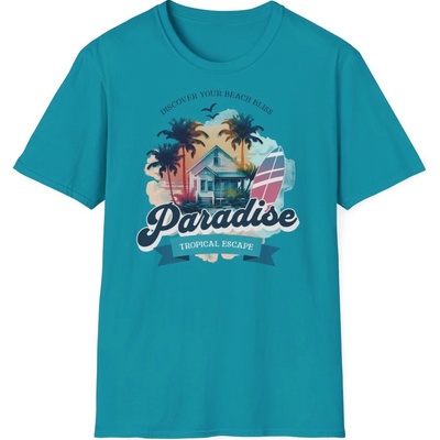 Plážové tričko s potiskem Discover Your Beach Bliss Paradise unisex Softstyle Tropical Blue