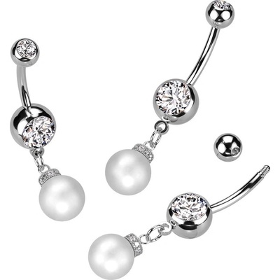 Šperky eshop ocelový piercing do pupíku syntetická perla kulička s křišťálem W47.14