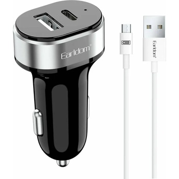 Earldom Зарядно устройство за кола Earldom ES-CC14, 1xUSB, 1xType-C, С Micro USB кабел, Черен - 40241