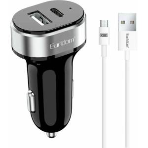 Earldom Зарядно устройство за кола Earldom ES-CC14, 1xUSB, 1xType-C, С Micro USB кабел, Черен - 40241