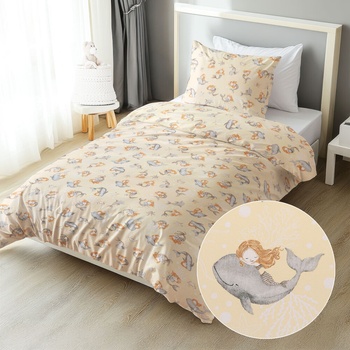 Biante bavlna obliečky Sandra SA-670 Sivo-hnedé morské panny s delfínmi na žltobéžovom 140x200 70x90