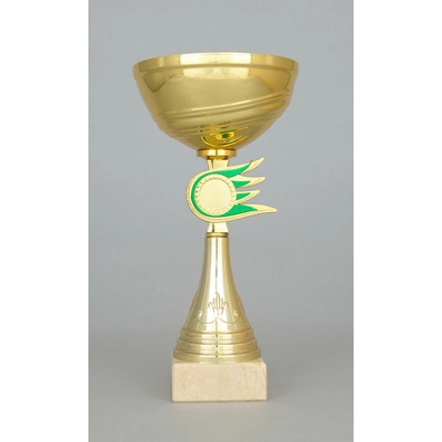 Zlatý sportovní pohár se zlato zeleným středem 16 28 cm 16 cm