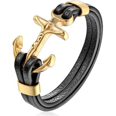 Amparo Miranda Kožený náramok s kotvou a krížom Black-Gold PG525