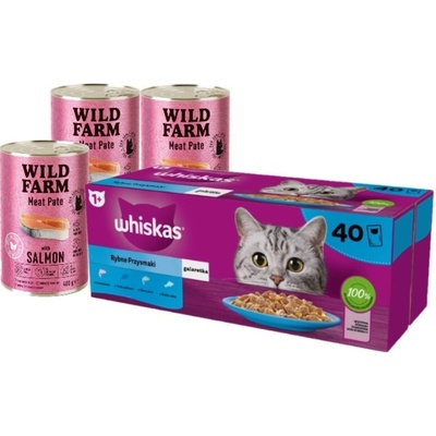 Whiskas Adult Fishy Treats lososom tuniakom treskou bielou rybou v želé 40 x 85 g a Wild Farm Paštéta s lososom 3 x 400 g