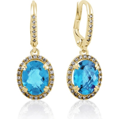 DF Dámske visiace náušnice 3367 zo žltého zlata, topazy Swiss Blue a diamanty