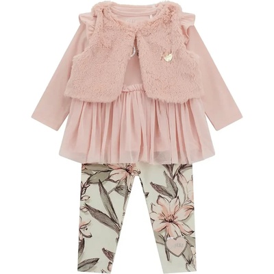 Guess Комплект тениска в розово, клин на цветя и розов плюшен елек за бебе момиче Guess
