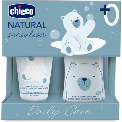 Chicco Natural Sensation 0+ šampón a sprchový gél pre deti od narodenia 200 ml + 0+ telové mlieko pre deti od narodenia 150 ml