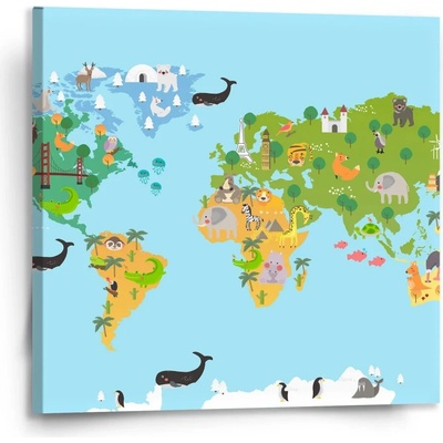 Sablio Obraz Zvířecí mapa světa - 110x110 cm Varianta: Sablio Obraz Zvířecí mapa světa - 110x110 cm