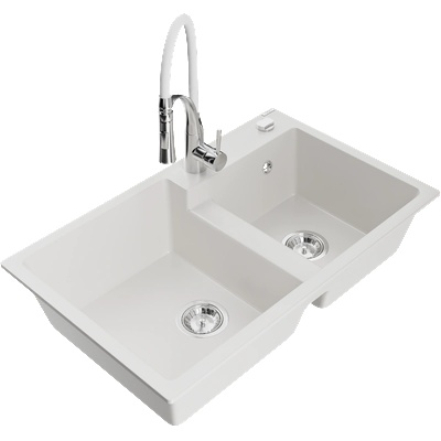 Mexen Tomas мивка гранитна с 2 камери и кухненски смесител Aster, бял - 6516-20-73450-02 (6516-20-73450-02)