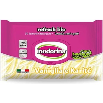 Inodorina Refresh Bio - Мокри кърпички Ванилия и Ший, 100% памук за чувствителна кожа 30 бр