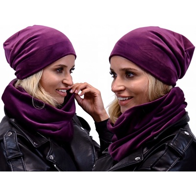 Fashionweek dámský velurový set čepice + trubička-šála ZIZI-BV Fialový