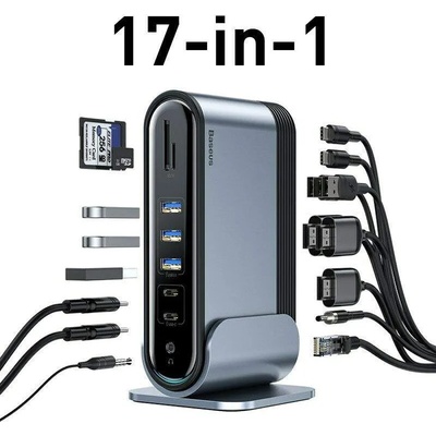 Baseus Working Station 17-in-1 USB-C Hub - мултифункционален хъб за свързване на допълнителна периферия за Macbook и USB-C устройства (сив)