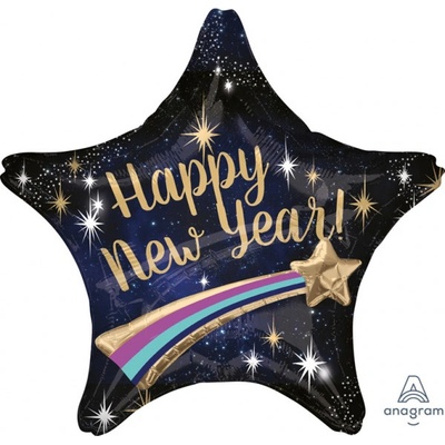 Amscan BALÓNEK FOLIOVÝ silvestrovský Hvězda černá HNY s kometou 71 x 71 cm