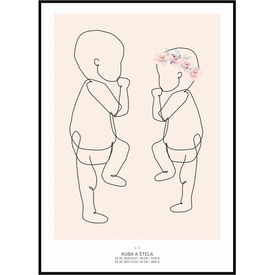 Jen tak z lásky Plakát Miminko v životní velikosti 50 x 70 cm Barva pozadí: Béžová, Varianta: Jedním tahem – minimal – sourozenci