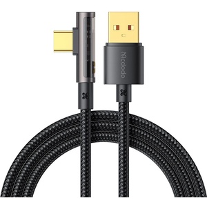 Mcdodo Кабел за данни - Mcdodo (CA-3380) - USB-C → USB-A, 90° дизайн, 6A, прозрачен дизайн, 1.2m - Черен