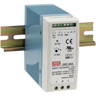 MEAN WELL DRC-60A Zdroj, napájecí, průmyslový, 60W, 12-15V, DIN montáž, s funkcí nabíječky 12V (UPS) DRC-60A