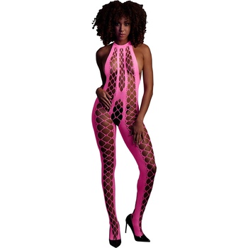 Image 1 of Ouch! Glow in the Dark Bodystocking with Halterneck Neon Pink XL-4XL