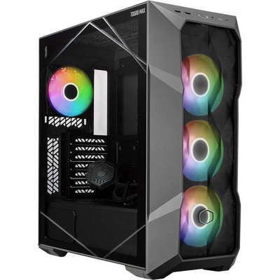 Комплект кутия и водно охлаждане CoolerMaster TD500 Max, ATX/microATX/Mini-ITX, 2x USB 3.2 Gen 1 Type-A, 1x USB 3.2 Gen 2x2 Type-C, 4x 120mm ARGB вентилатора, с прозорец, черна, с захранване (TD500V2-MGNN85-SL0)