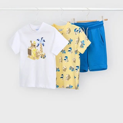 Mayoral Комплект 2 тениски бяла и жълта с щампи и къси сини панталони за мини момче Mayoral
