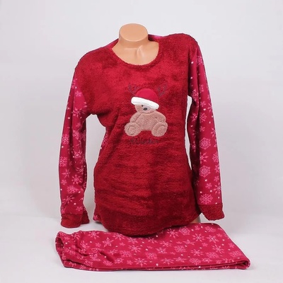 Поларена коледна макси пижама в цвят бордо с мече
