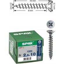 SPAX záp. hlava 2.5x 10 plný závit Pozidriv 1 Wirox stříbrná, s certifikátem (1000 ks)