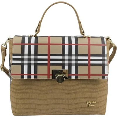 Български обувки Елегантна дамска чанта в каре и бежова кожа 884-34