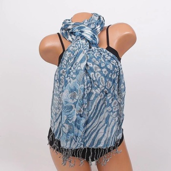 Image 1 of Топъл дамски шал в синьо с флорални мотиви