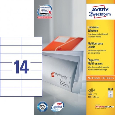 Etikety univerzálne 105x42,3mm Avery A4 100 hárkov