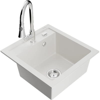 Mexen Vito гранитна кухненска мивка с едно корито и кухненски смесител Elia, бял - 6503-20-670101-00 (6503-20-670101-00)