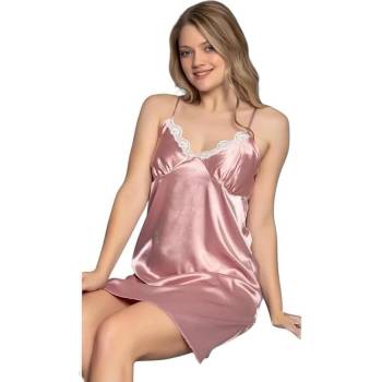 Сатенена нощница в розово с тънка презрамка и дантела