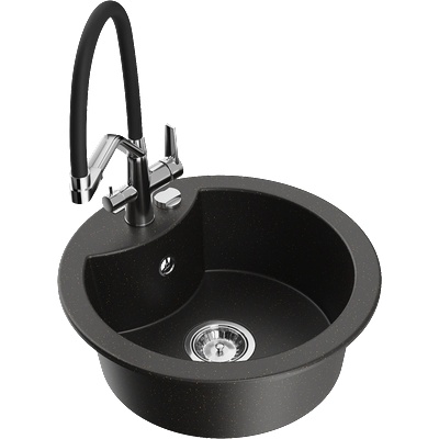 Mexen Diego еднокоморна кухненска мивка от гранит с кухненски смесител Duo, черно/златист металик - 6512-75-671701-07 (6512-75-671701-07)