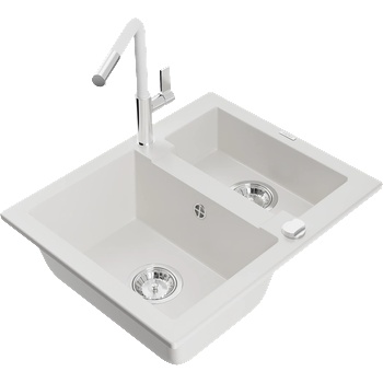 Mexen Carlos мивка гранитна 1, 5-камерна с кухненски смесител Flora, бял - 6518-20-670401-02 (6518-20-670401-02)