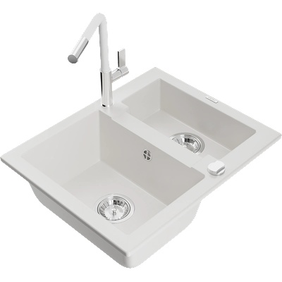 Mexen Carlos мивка гранитна 1, 5-камерна с кухненски смесител Flora, бял - 6518-20-670401-02 (6518-20-670401-02)