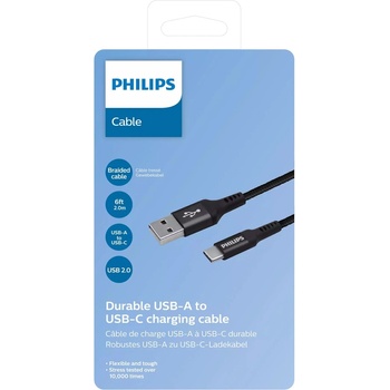 Philips Кабел Philips DLC5206A/00, от USB A(м) към USB C(м), 2m, черен (DLC5206A/00)