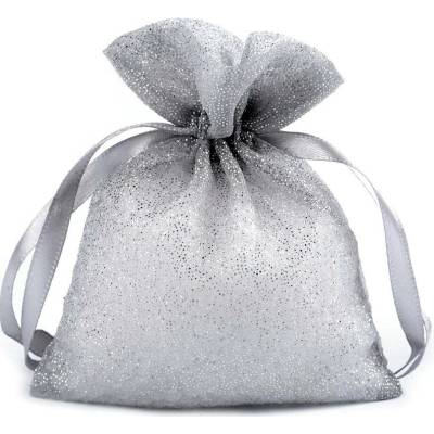 Dárkový pytlík 10x13 cm organza s glitry - stříbrná (10 ks)
