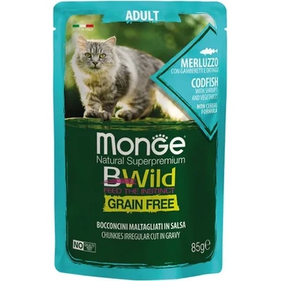 Gemon Monge Natural Superpremium BWild Grain Free Adult - Премиум пауч за израснали котки, с риба треска, скариди и зеленчуци, 85 гр. / 6 броя